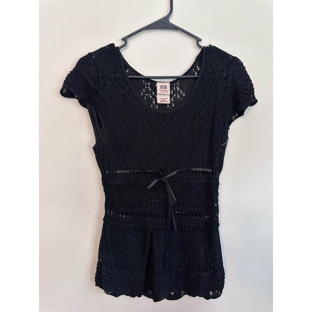 VTG 90s 2000s Black Crochet Lace Gothy Romantic Empire Waist Babydoll Top MEDIUM